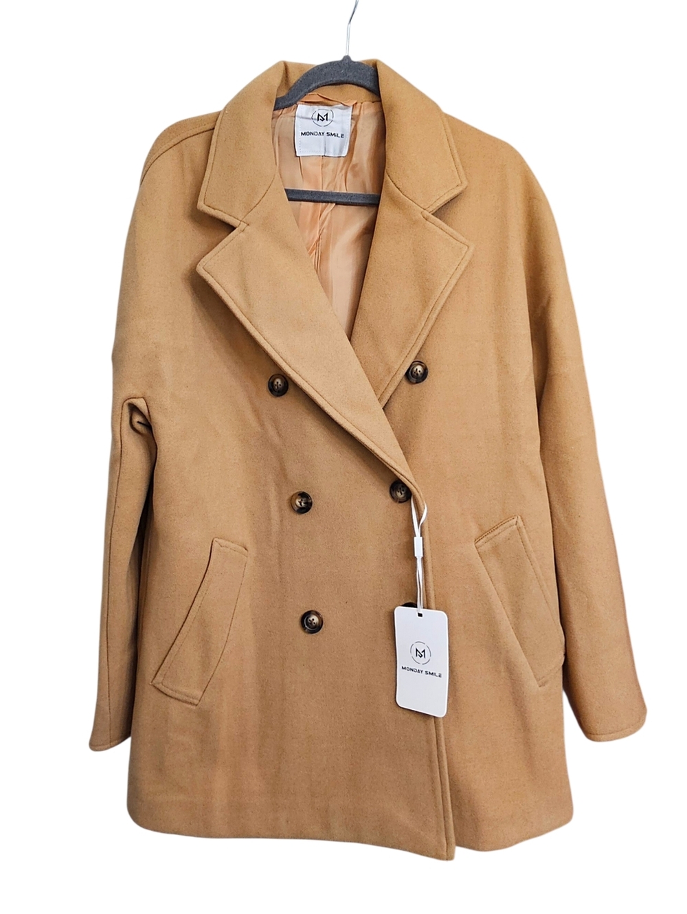 Monday Smile Timeless Classic Oversized Double Breasted Peacoat in Camel Med NWT